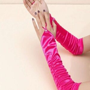 Hot pink Satin plated elbow length Gloves